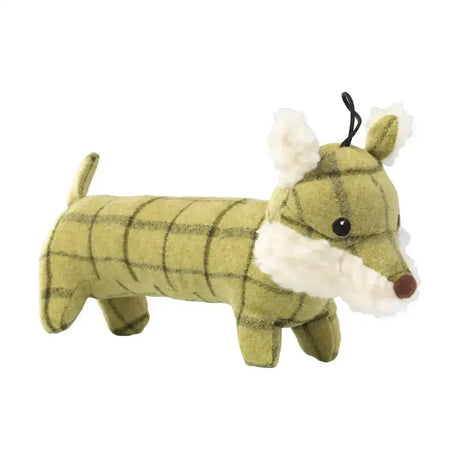 House of paws tweed plush long body dog toy in green and brown plaid with white fur trim