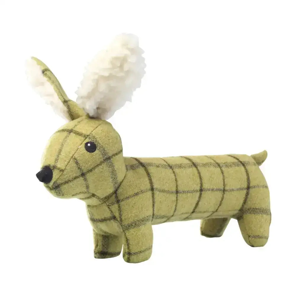A paws tweed plush dachshund toy with green brown plaid pattern fluffy white ears and black button eyes