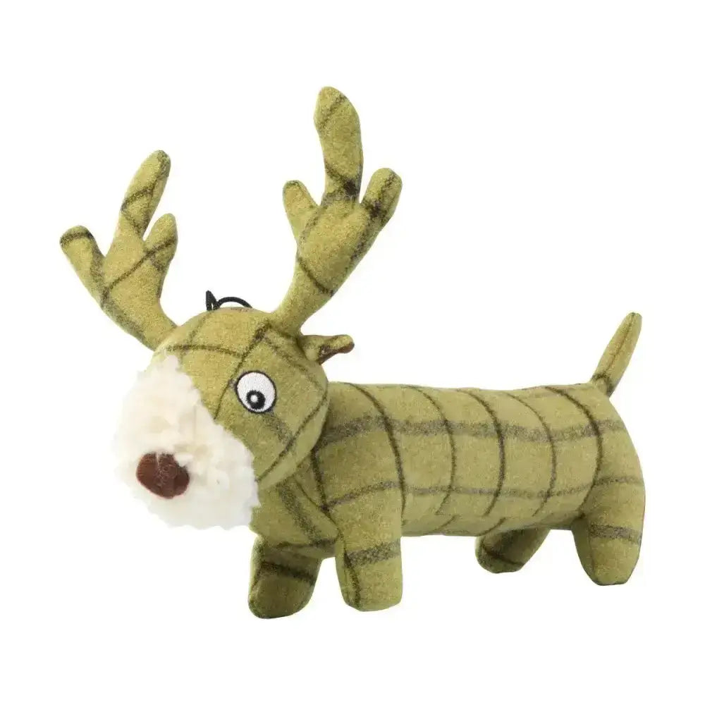A plush green and brown plaid reindeer toy with white snout and red nose from house of paws tweed plush long body toy