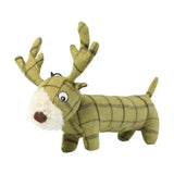 A plush green and brown plaid reindeer toy with white snout and red nose from house of paws tweed plush long body toy