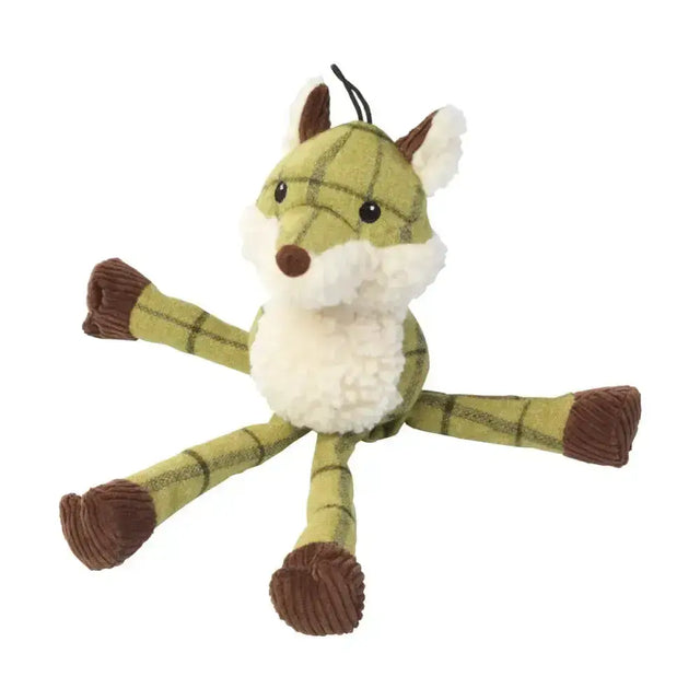 A plush green and brown plaid fox toy with white belly and corduroy paws from house of paws tweed plush long legs collection