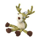 A plush long legs green reindeer toy with plaid tweed plush fabric white belly and brown corduroy feet by house of paws
