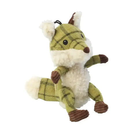 A plush green and brown paws tweed plush fox toy with white fluffy accents on face ears belly and tail
