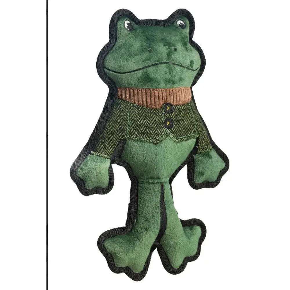 Green plush frog toy from house of paws tweed plush wearing a herringbone vest with brown buttons and knitted collar