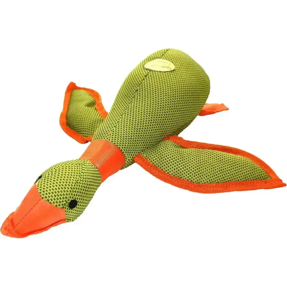 Hp dazzle ducks dog toy featuring a plush green and orange duck with mesh texture and black button eyes in three bright colours