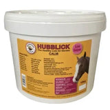 White plastic bucket containing hubblick calm horse calm horse lick with orange purple label and essential vitamins