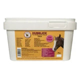 White plastic tub of hubblick calm horse lick with yellow purple label and brown horse featuring essential vitamins