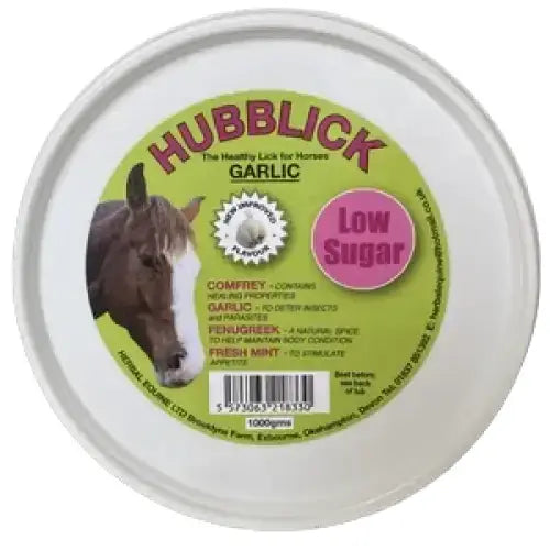 White plastic tub of hubblick garlic horse supplement with green and pink label featuring a horse image horse lick hubblick