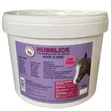 White plastic bucket of Hubblick hoof and hide horse lick with purple pink label featuring a horse supports skin health
