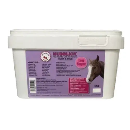 White plastic tub of hubblick hoof and hide horse lick with purple pink label featuring horse image supports skin health