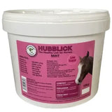 White plastic bucket of hubblick mint horse lick with pink label and horse head to stimulate appetite