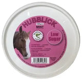 Pink-labeled circular container of hubblick mint horse lick with horse illustration and low sugar to stimulate appetite
