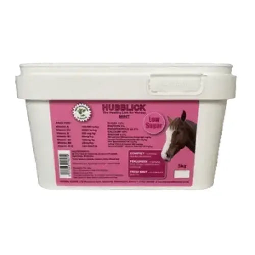 White plastic tub of hubblick mint horse lick low sugar feed with pink label to stimulate appetite in horses