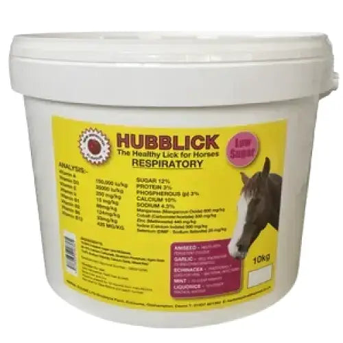 White plastic bucket containing specially formulated hubblick respiratory horse lick with yellow and purple labeling