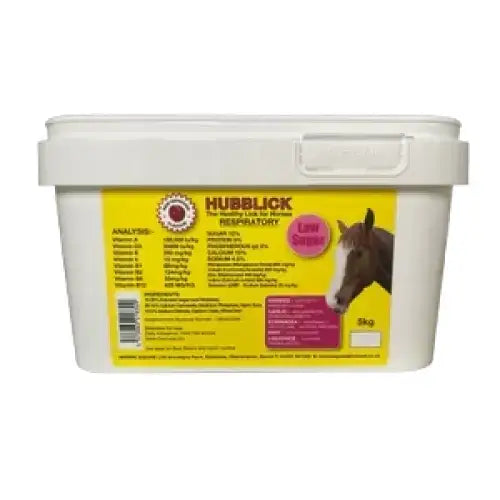 White plastic tub of hubblick respiratory horse lick with bright yellow label pink accents and horse image specially formulated