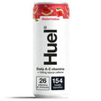 A sleek white aluminum huel daily can of watermelon strawberry drink with a red band featuring watermelon slices and vitamins