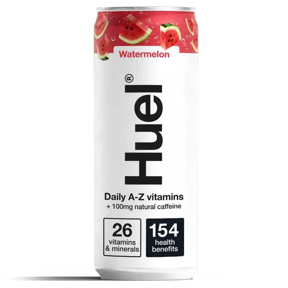 A sleek white aluminum huel daily can of watermelon strawberry drink with a red band featuring watermelon slices and vitamins