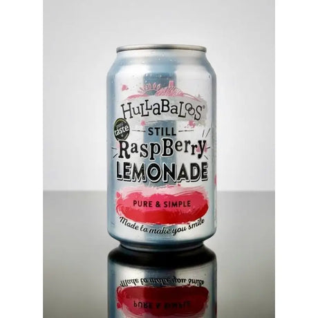 A silver aluminum can of hullabaloos still raspberry lemonade with a vibrant pink label perfect for equestrian fans and horses
