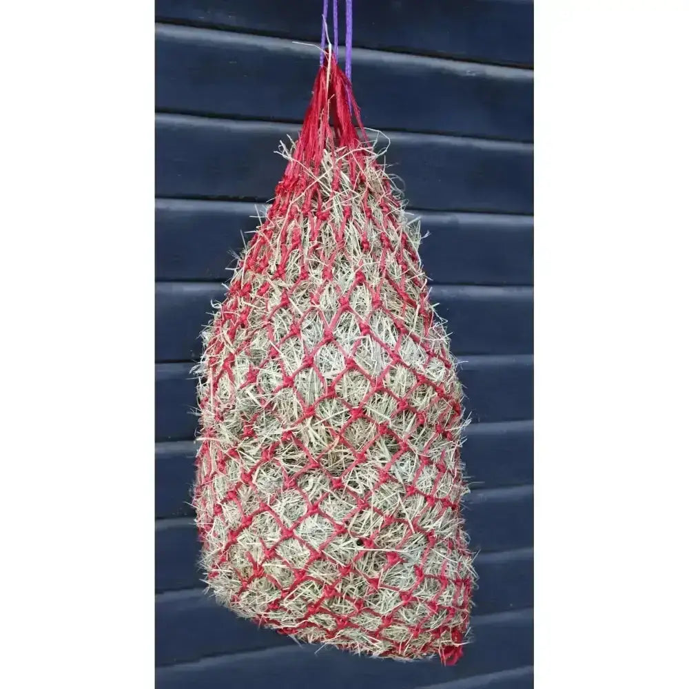 Red and beige woven haynet hanging from a purple strap for hungry horace horace greedy feeder use