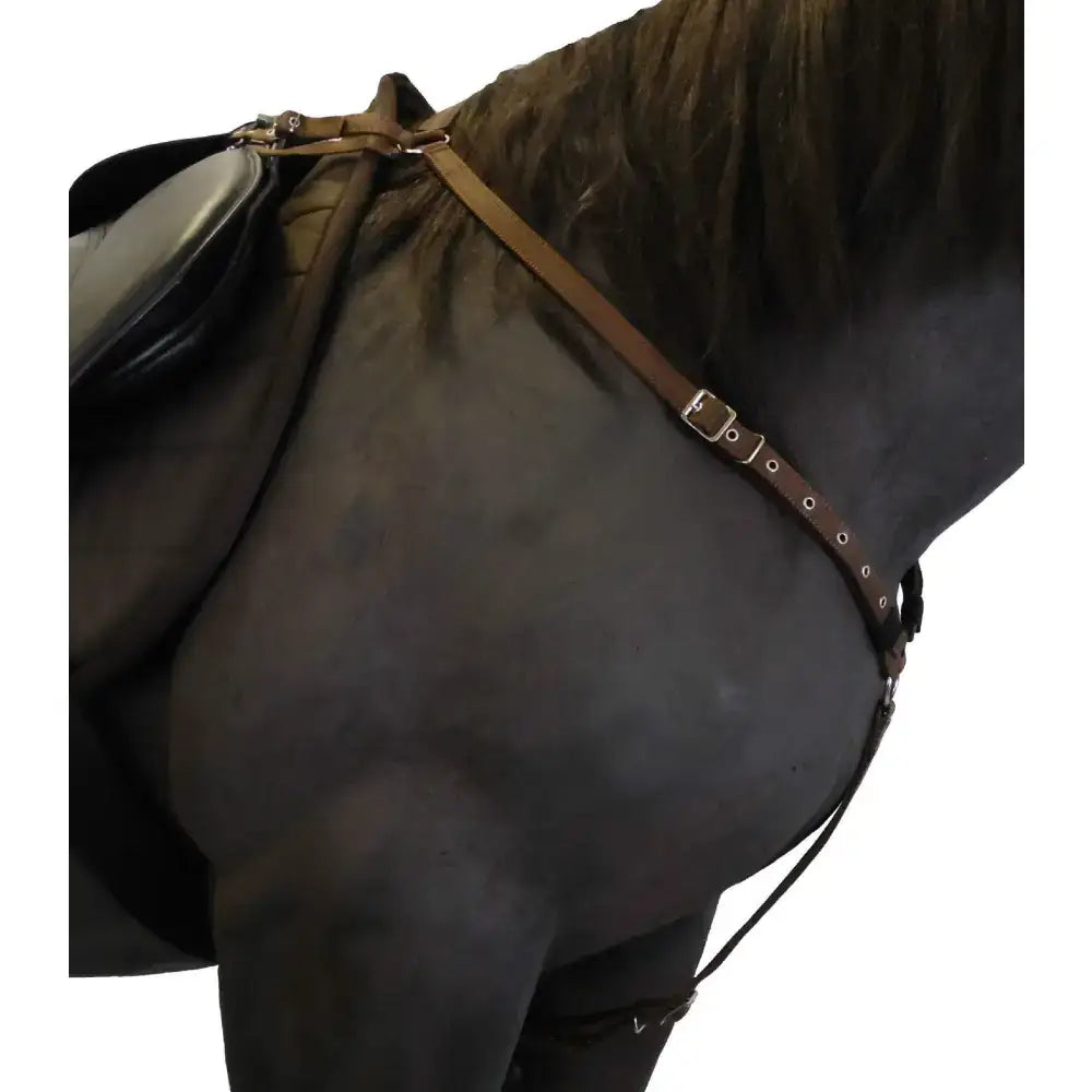 Brown leather hunting breastplate with silver saddle dee buckle and ring strap metal hardware from libbys hunting breastplate
