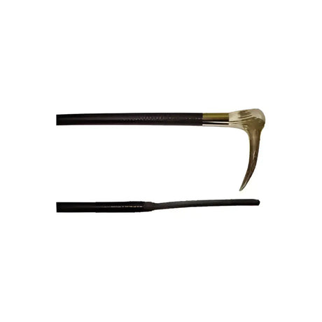 Black leather hunting crop with deer hook gold antler handle and leather covered stem for gents use