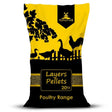 Yellow and black bag of hutton mill layers pellets 20kg net weight designed for poultry feeding and equestrian use