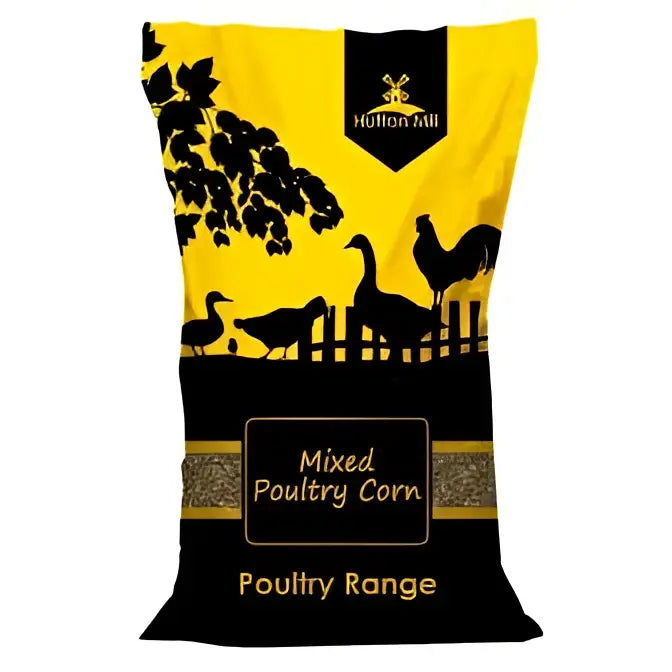 Yellow and black bag of hutton mill mixed poultry corn 20 kg with poultry silhouettes for chicken feed and maize grits
