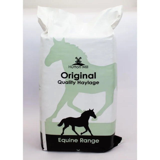 A white 20 kg bag of hutton mill original haylage with a light green horse silhouette helping maintain equestrian health