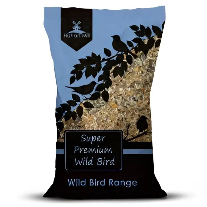 Hutton mill super prem wild bird seed 20 kg bag with blue and black design featuring bird silhouettes on branches