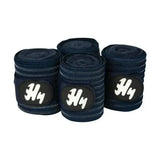 Navy blue h4 horse wrap bands with white logo patches are fully ventilating air flow bandages for horses