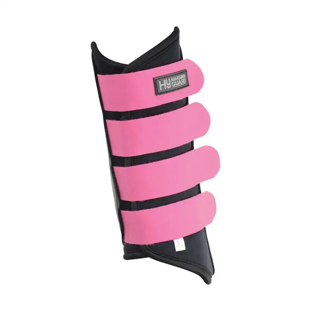 Pink and black hy armoured guard neoprene brushing boots with adjustable straps for superb protective support