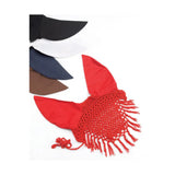 Red crochet sun hat with fringed trim and wide brim made from cotton fly screen for horse ear bonnets and fly masks
