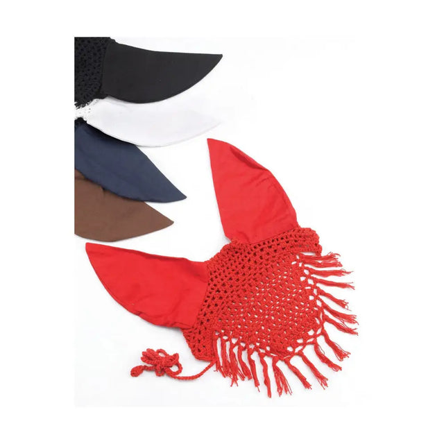 Red crochet sun hat with fringed trim and wide brim made from cotton fly screen for horse ear bonnets and fly masks