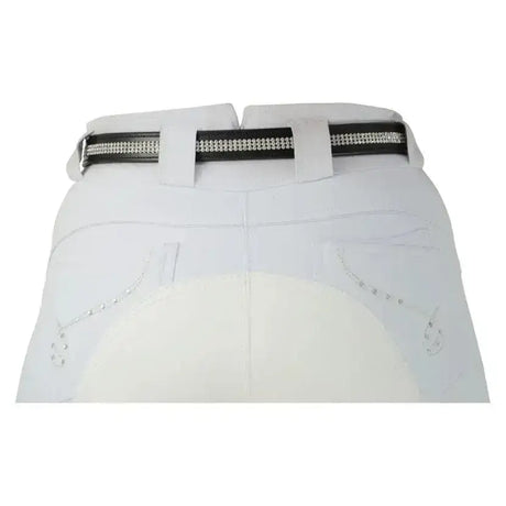 White equestrian breeches with a black crystal diamante leather belt featuring intricate rows of sparkling rhinestones