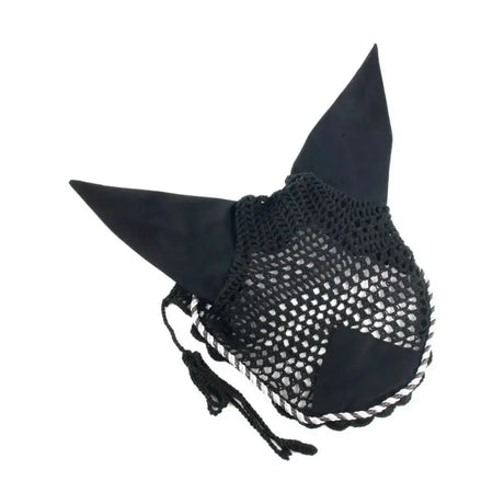 Hy Deluxe Cotton Fly Screen with Cord Binding Black With Black,White & Metallic Silver Horse Ear Bonnets
