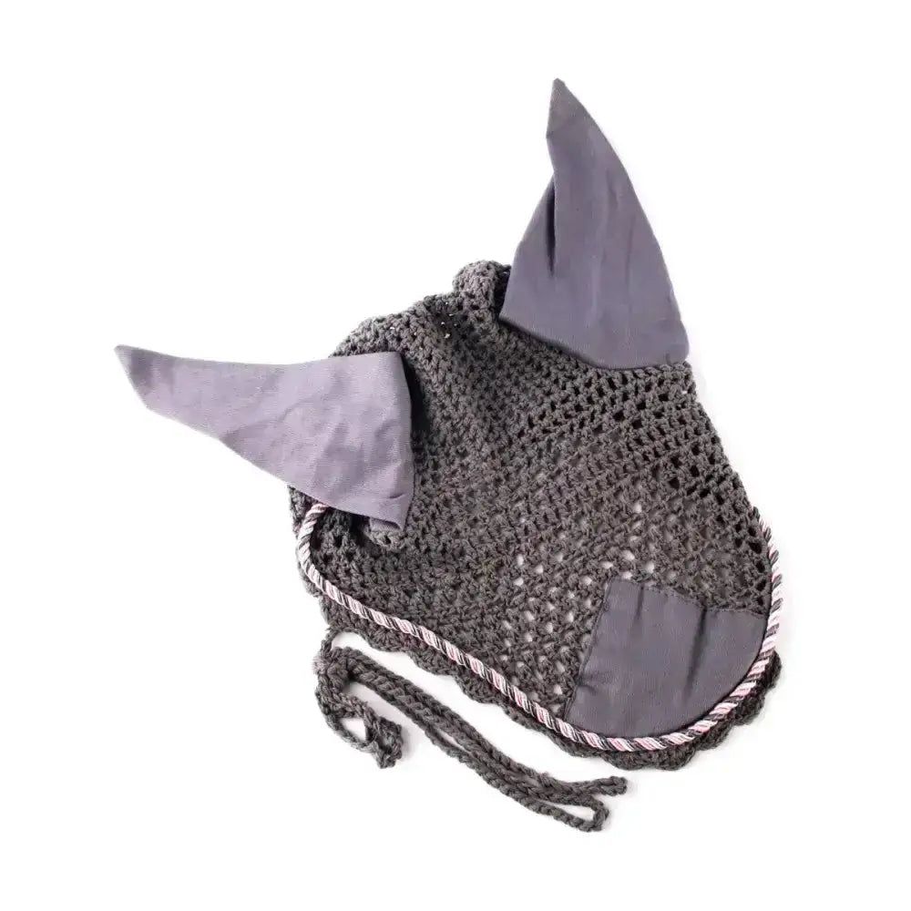 Gray crocheted horse hood with fabric ears and striped trim featuring deluxe cotton fly and deluxe cord binding details