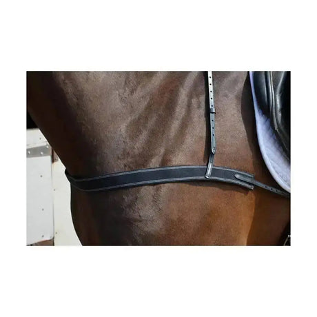 Black leather hy elastic breastgirth strap with silver stitching and metal hardware for saddle slipping prevention