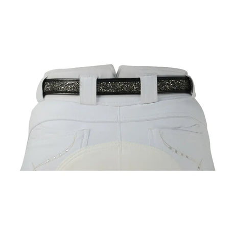 Black glittery encrusted rock belt with intricate diamante crystals and supple leather worn over white equestrian pants