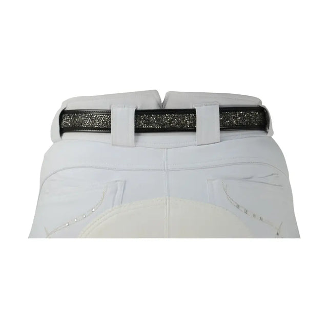 Black glittery encrusted rock belt with intricate diamante crystals and supple leather worn over white equestrian pants