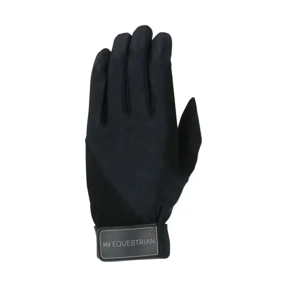 Black h2 hy equestrian absolute fit glove with synthetic suede palm and reinforced forefinger shows back side design