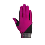 A vibrant fuchsia and black hy equestrian absolute fit glove with synthetic suede palm and reinforced forefinger, back view
