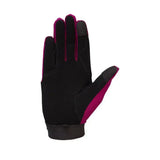 Black and magenta hy equestrian absolute fit glove with synthetic suede palm and reinforced forefinger shown from back side