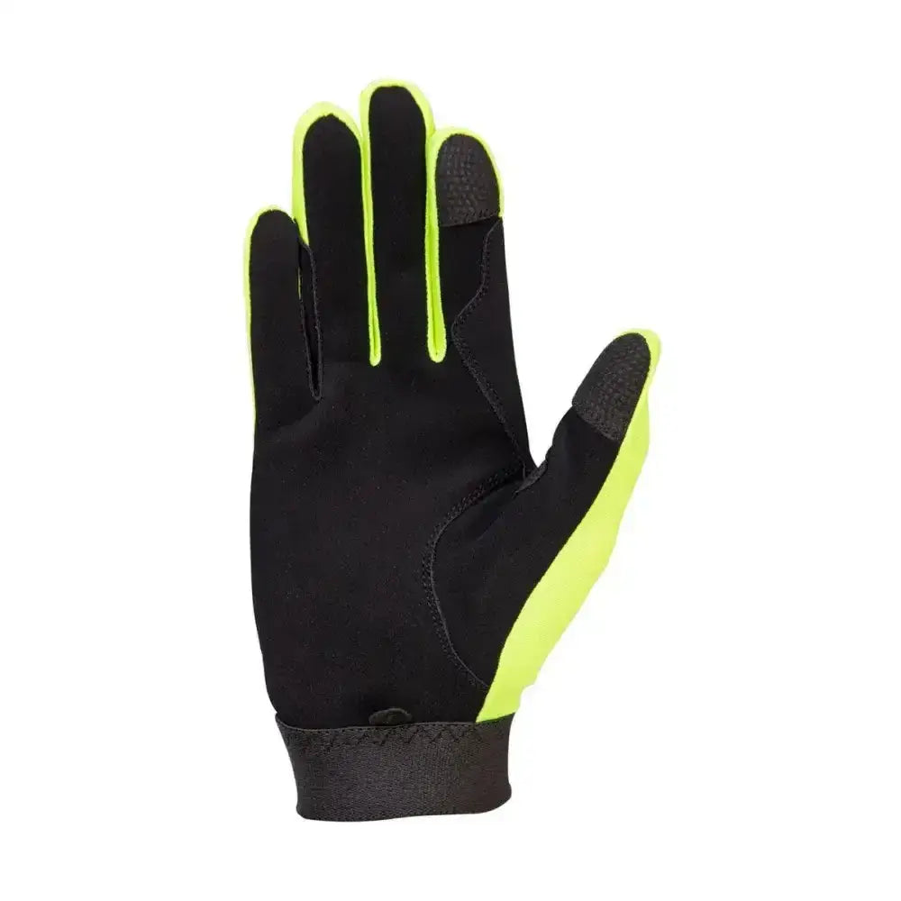 Black hy equestrian absolute fit glove with neon yellow accents synthetic suede palm and reinforced forefinger textured back