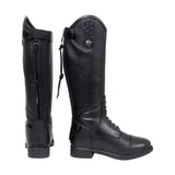 Black leather equestrian agerola children’s riding boot with decorative beaded panel and silver buckle accents