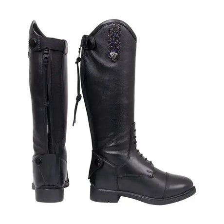 Black leather equestrian agerola children’s riding boot with decorative beaded panel and silver buckle accents