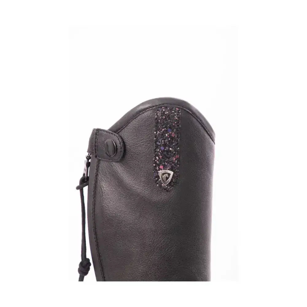 Black leather Hy Equestrian Agerola children’s riding boot with sparkling embellished panel and silver shield logo