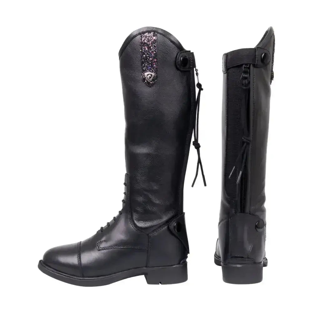 Black leather Hy Equestrian Agerola children’s riding boot with glittery panel and zipper closures for kids riding gear