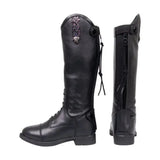 Black leather Hy Equestrian Agerola children’s riding boot with glittery panel and zipper closures for kids riding gear