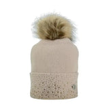 Beige knit equestrian alaska diamante bobble hat with fluffy tan pom pom and rhinestone cuff embellishments