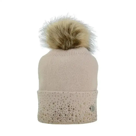 Beige knit equestrian alaska diamante bobble hat with fluffy tan pom pom and rhinestone cuff embellishments